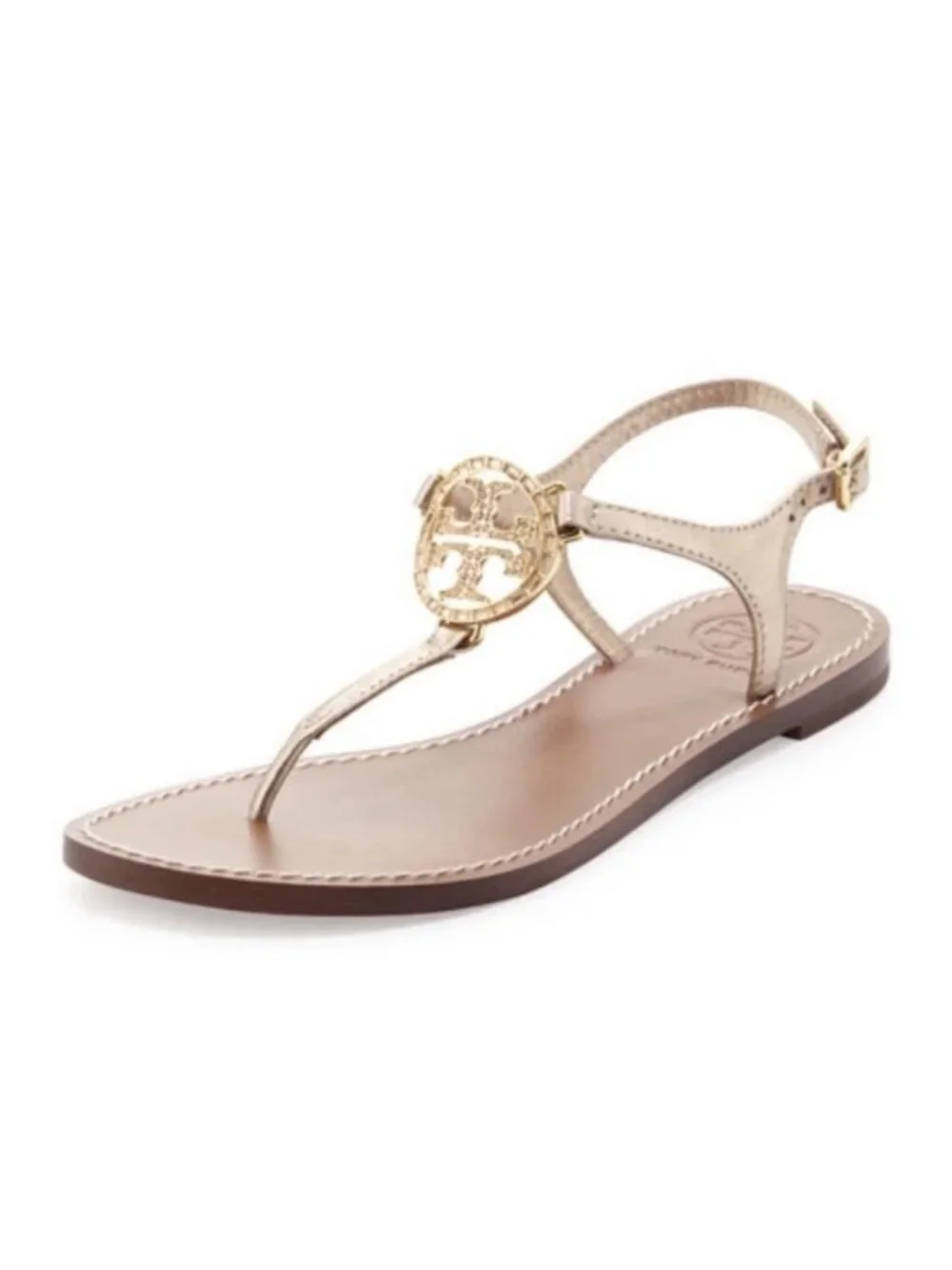 Tory Burch Women’s Size 7 Metallic Gold Crystal Logo T-Strap Thong Sandals